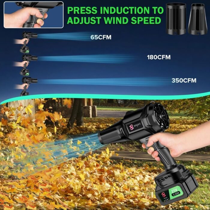 The garden tools cordless blower in action, cleaning leaves from a yard effortlessly.
