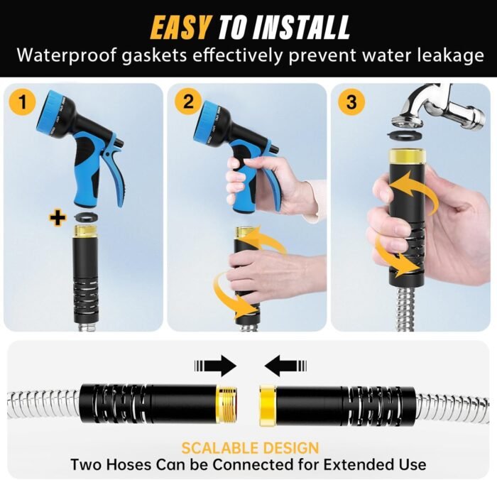The heavy duty hose is eco-friendly and water-efficient, perfect for sustainable gardening.