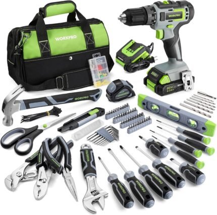 Comprehensive power tools kit with 20V cordless drill, 2-speed driver, and 157 accessories for DIY and home repairs.