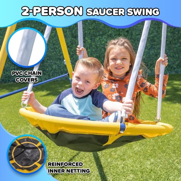 Safety-focused swing set with foam-padded legs for stability and comfort during playtime.