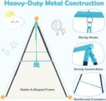 Swing set full view showing the blue+navy color scheme and its suitability for indoor or outdoor garden playground use.