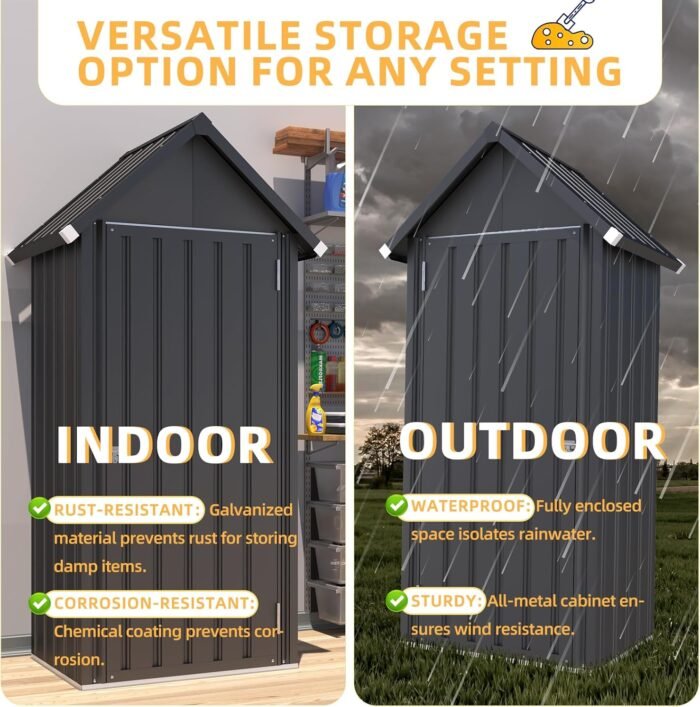 storage shed showing the dimensions (21.5"D x 34"W x 70"H) and minimal footprint ideal for patios and small yards.