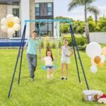Swing set focusing on the U-shaped seat design for comfort and anti-slide safety features.